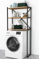 Wooden and metal laundry room organization shelves